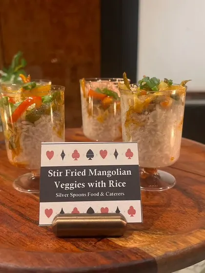 A close-up of our Stir Fried Mongolian Veggies with Rice, a delicious and convenient option for cocktail parties and festive gatherings.