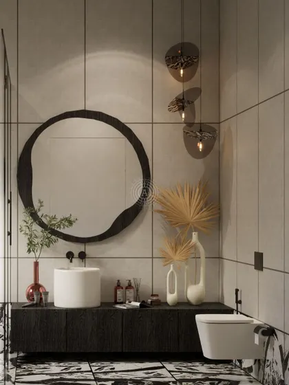 A render for another bathroom concept, this one playing with textures and organic shapes. The round mirror contrasts with the linear wall tiles, while the black-and-white marble floor adds a bold graphic element.