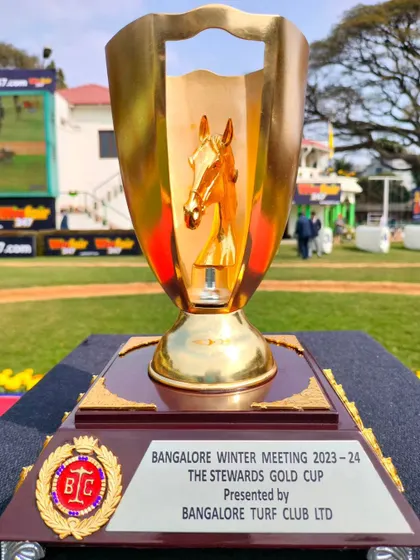 The Stewards Gold Cup, a stunning golden trophy with a horse head figurine inside.