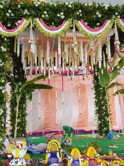 Another view of the traditional mandap with ritual pots, showcasing our attention to cultural details.