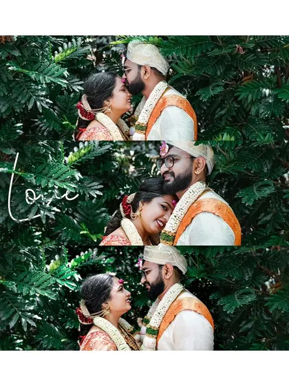A triptych of romantic moments between the bride and groom, set against a natural green backdrop, capturing kisses and loving glances.
