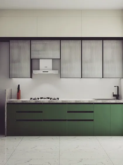 A 3D design of a modern green kitchen. This render shows our client exactly what to expect, from the acrylic base cabinets to the fluted glass wall units and warm under-cabinet lighting.