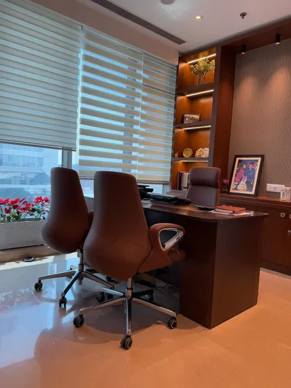 Another angle of the executive office, highlighting the custom-built wooden shelving unit with integrated lighting. This piece provides ample storage and a sophisticated backdrop for the main desk.