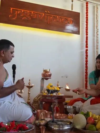A close-up of the rituals being performed during the Rudraabhishekham, a ceremony for spiritual cleansing and renewal.