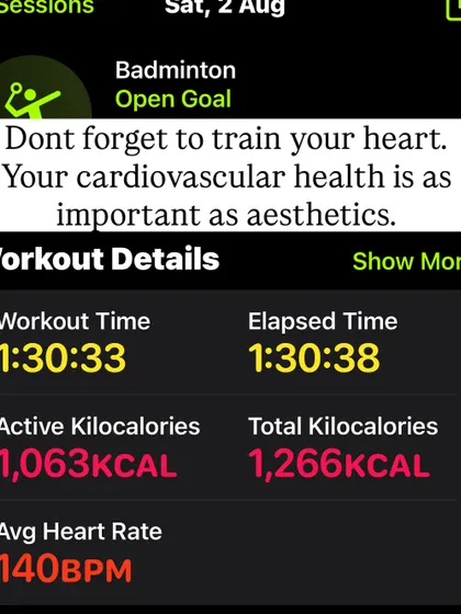 Don't forget to train your heart. Cardiovascular health is just as important as aesthetics. Here's a look at my workout details from a badminton session.