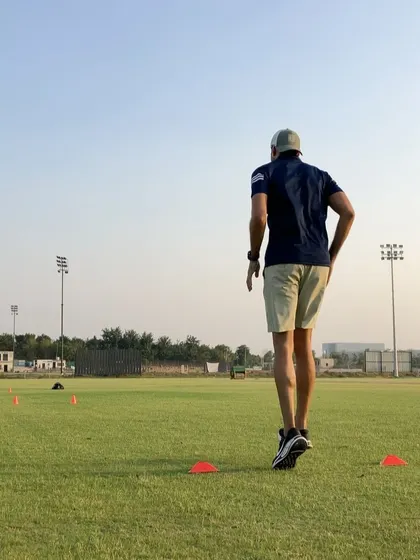 Another angle of a bounding drill, showing the powerful push-off and leg drive required to generate forward momentum.