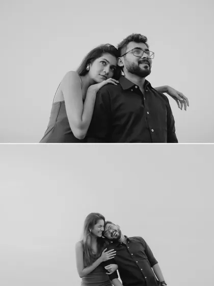 A pair of relaxed, candid black and white portraits. These images showcase the couple's comfortable and playful dynamic, capturing both thoughtful and joyful expressions.