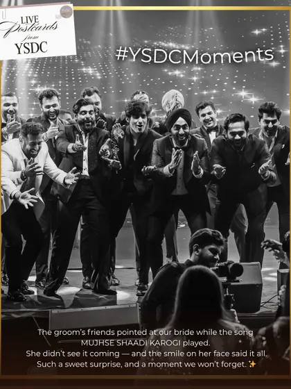 A sweet, unscripted moment where the groom's friends surprised the bride during their performance. It's these genuine, heartfelt moments that we'll never forget.