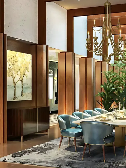 Another view of the dining space with wooden partitions, showcasing how we create zones and privacy without sacrificing an open feel.