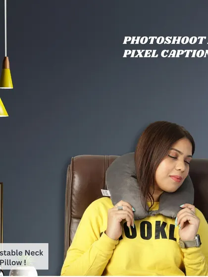 A branded lifestyle shot of a model relaxing with a neck pillow. This is a great image for social media ads or your website's homepage.