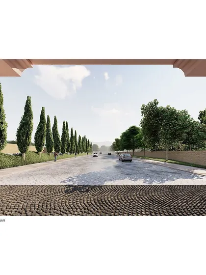 A view from the Mahadwar in the Chidambara Temple master plan, envisioning a grand, tree-lined avenue that enhances the sense of arrival.