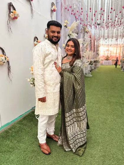 Posing with my brother, wearing our mother's treasured saree. It’s amazing how a single piece of clothing can hold so many memories and so much love.