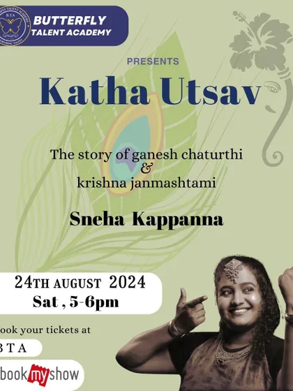 The official poster for a Katha Utsav event featuring storyteller Sneha Kappanna. We host these events to celebrate Indian festivals and stories, making cultural education a vibrant part of our curriculum.