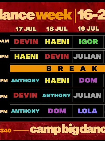 Here is the full schedule for Camp Big Dance. Four days, twenty classes, and seven international teachers. Plan your schedule and get ready for a global dance experience.