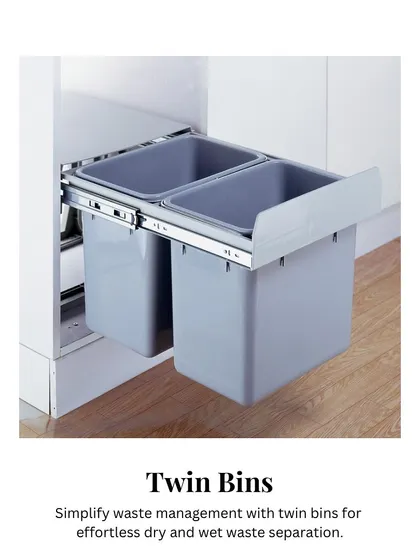 Simplify your waste management with integrated twin bins. This pull-out system allows for effortless separation of dry and wet waste, keeping your kitchen clean and organized.