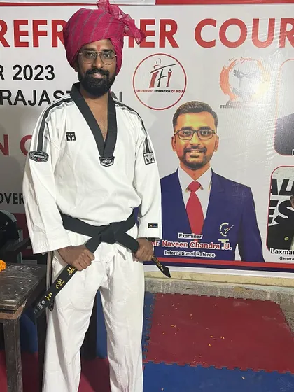 In my Dobok (uniform) at the National Referee Course in Rajasthan. I am grateful to the Taekwondo Federation of India for the opportunity to serve as an Educator and Examiner.
