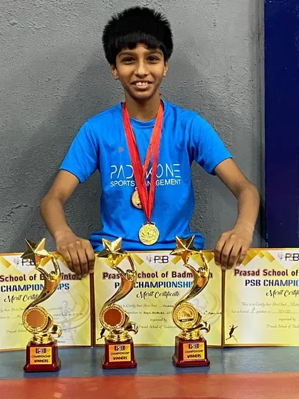 Neerav showcasing his impressive wins at the PSB Championships, including titles in U13 and U15 Boys Doubles. A testament to his skill and our structured doubles training program.