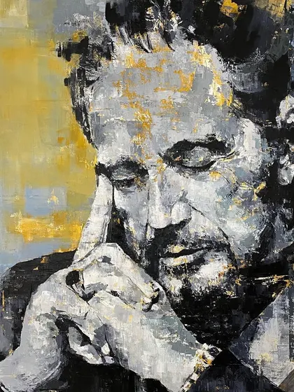 The full 'Plato's Discourse' painting, showing the thoughtful pose and the rich, textured background.