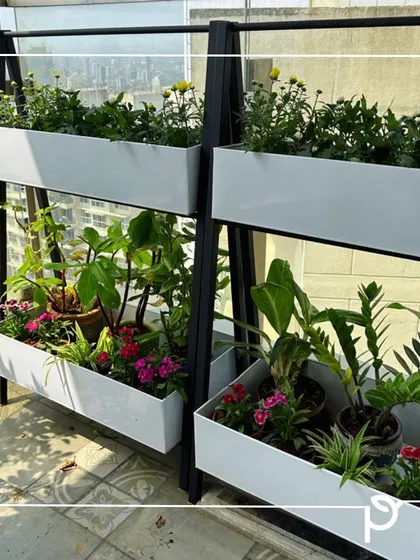 These custom-made tiered planters in white and black are perfect for creating a multi-level flower display on a balcony, maximizing space and visual impact.