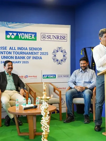Prakash Padukone addressing participants and dignitaries at the inauguration of an All India Senior Ranking Tournament. His presence elevates the event, reinforcing our commitment to the sport's heritage and future.