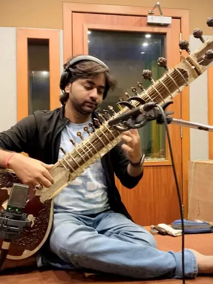 Recording a devotional song at Mahadev Studio in my hometown, Varanasi. My work spans different genres, including spiritual and devotional music.