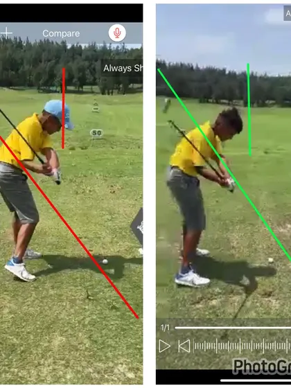 An online lesson with a player in Taiwan. The "before" shows a steep, over-the-top move, while the "after" shows a corrected, on-plane downswing.