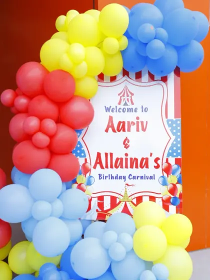A personalized welcome sign for Aariv and Allaina's birthday carnival. The bright, primary colors are perfect for a fun and festive circus theme.