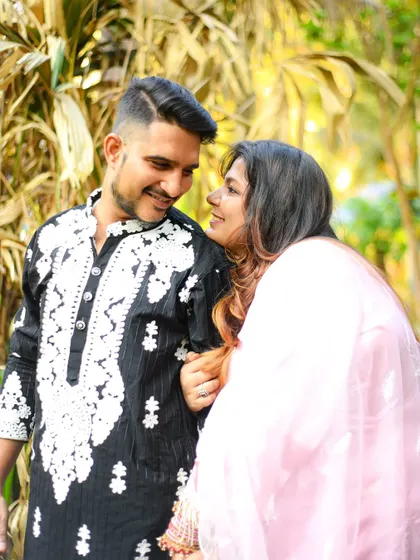 A candid, romantic portrait of a couple from a pre-wedding shoot.