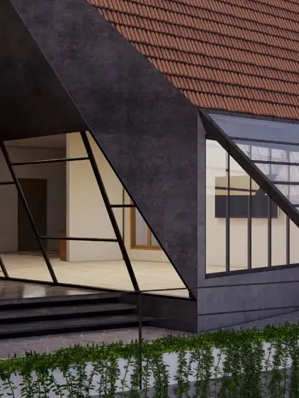 A detail of the angled glass facade, where the tiled roof appears to fold down and meet the ground. This dramatic gesture blurs the line between wall and roof, creating a dynamic, crystalline form that allows light to flood the interior.