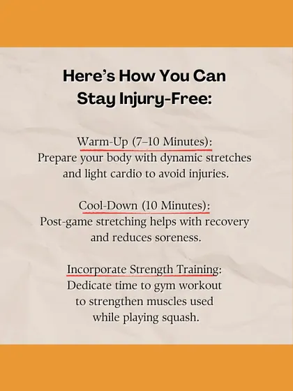 Here's how you can stay injury-free in a fast-paced sport like squash. We integrate dynamic warm-ups, post-game cool-downs, and strength training into our programs.