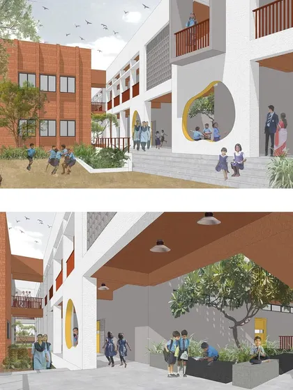 Our design emphasizes the connection between indoor and outdoor spaces. This rendering shows open corridors, shaded courtyards, and large circular openings that frame views of the landscape, encouraging learning and play to happen everywhere on campus.