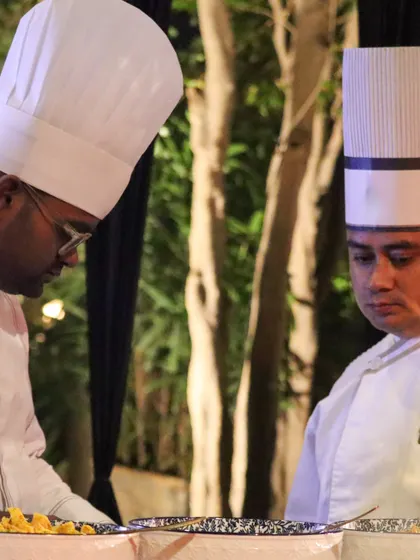 Our diverse team of chefs working side-by-side. We bring together culinary talent from various backgrounds to create a rich and varied menu that blends global flavours with Indian classics.