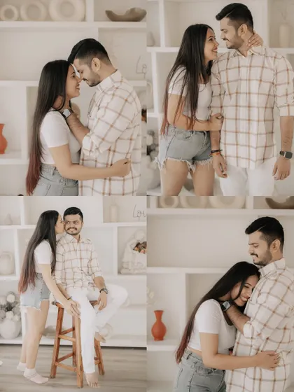 A four-image collage from a bright and airy studio shoot, showcasing a variety of loving and candid interactions.
