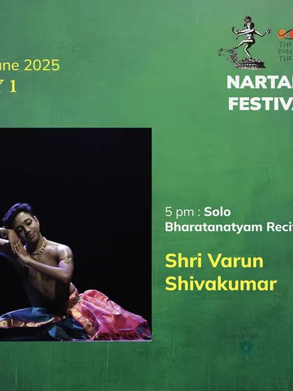 The festival showcases a range of talented artists. This poster announces the solo Bharatanatyam recital by Shri Varun Shivakumar on Day 1 of the Nartaka Festival.