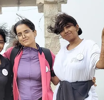 The wind in our hair at Savandurga. This trek is known for its monolithic hill and stunning 360-degree views from the top.