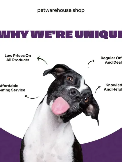 Why are we unique? This graphic breaks it down: low prices, regular offers, affordable grooming, and a knowledgeable, helpful team. This is the Pet Warehouse promise.