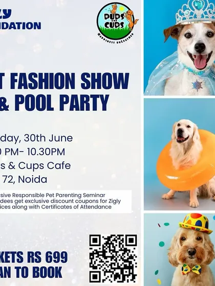 An event poster for a Pet Fashion Show and Pool Party, co-hosted with our foundation, which includes a seminar on responsible pet parenting.