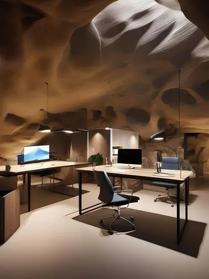 An early concept render for my studio, which I called the "designer's den." This visualization was the starting point for creating a modern yet primal workspace, with smooth floors contrasting against the rough, cavernous walls and ceiling.