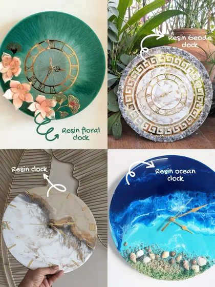 Why choose one style when you can have them all? This image showcases the variety of custom resin clocks I create, from floral and geode designs to modern and ocean themes.