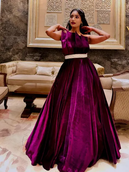 A powerful pose in the magenta velvet gown, showing how it can make you feel confident and glamorous.