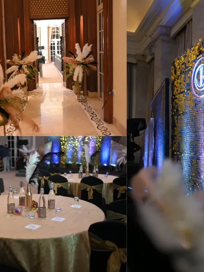 A complete look at the event space, from the feather-adorned entryway to the glittering stage and the elegantly set tables, showcasing a fully realized themed event.