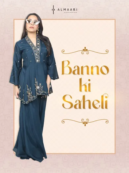 For the "Banno ki Saheli" or the bride's bestie. This teal peplum top with matching palazzo pants is a stylish and comfortable choice for running around and dancing the night away.