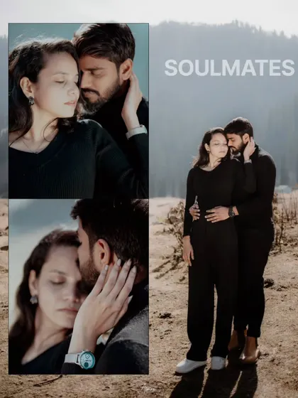 A collage of soulful and intimate portraits of Rahul and Priyanka in the mountains. The 'Soulmates' theme is perfectly captured through their close embraces and serene expressions.