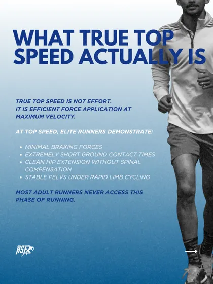 True top speed is not about effort, it's about efficient force application at maximum velocity. Elite runners demonstrate minimal braking forces and short ground contact times, a phase most adult runners never access.