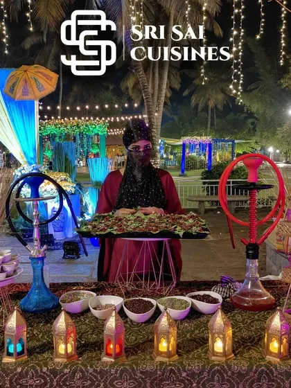A wide shot of the Arabian Paan Station, showcasing the full setup with hookahs, lanterns, and a variety of paan ingredients. It's a complete, self-contained experience.