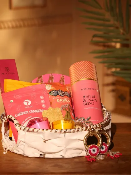 The full pink-themed Diwali basket, a modern and fun take on festive gifting.