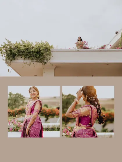 A collage of beautiful bridal portraits in a stunning purple saree, captured in a serene outdoor setting.