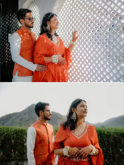 A collage of portraits of Sugandha and Ashish. These shots capture them looking out towards the future, both together and individually, against the serene mountain landscape.