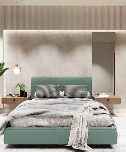 A render showcasing a bedroom layout with a full-height wood wardrobe and a floating bed design.