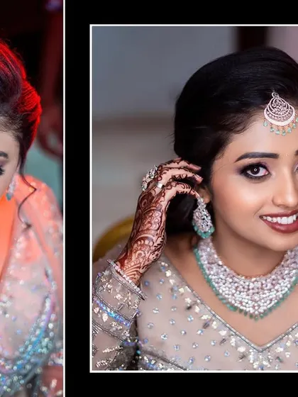 A diptych of the bride's stunning reception portraits, capturing her smile and elegance.